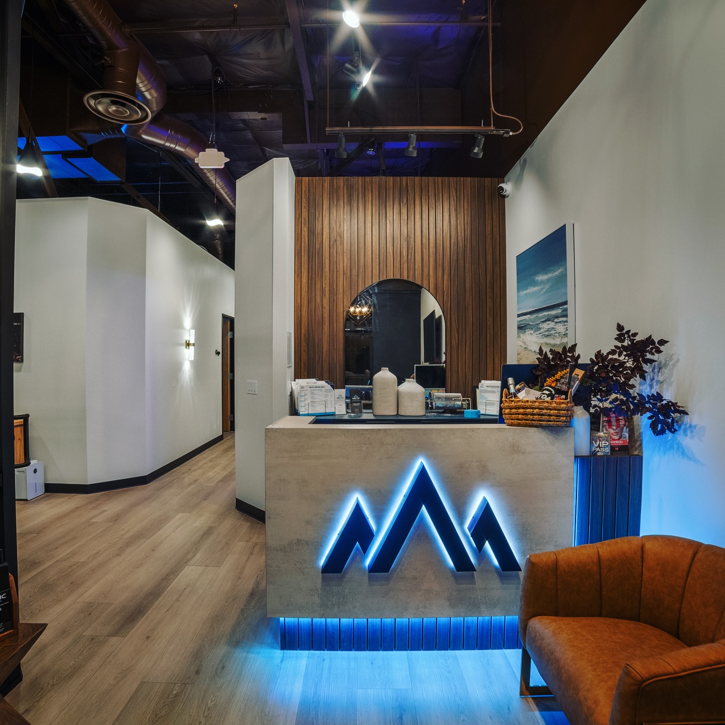 Arctic Elevation Roseville lobby with illuminated mountain logo